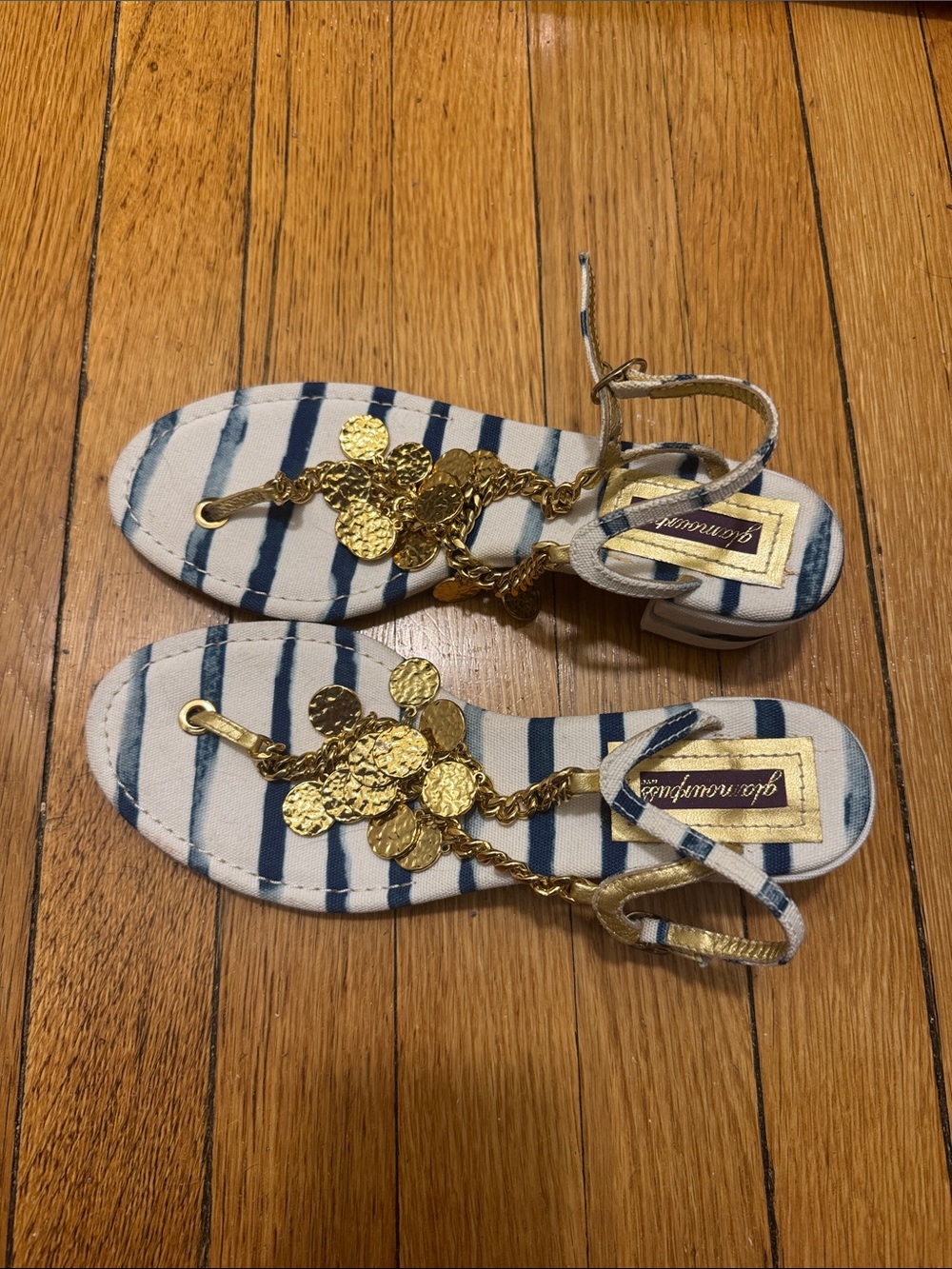 Gold-Embellished Navy Stripe Women’s Sandals. Made in Spain.